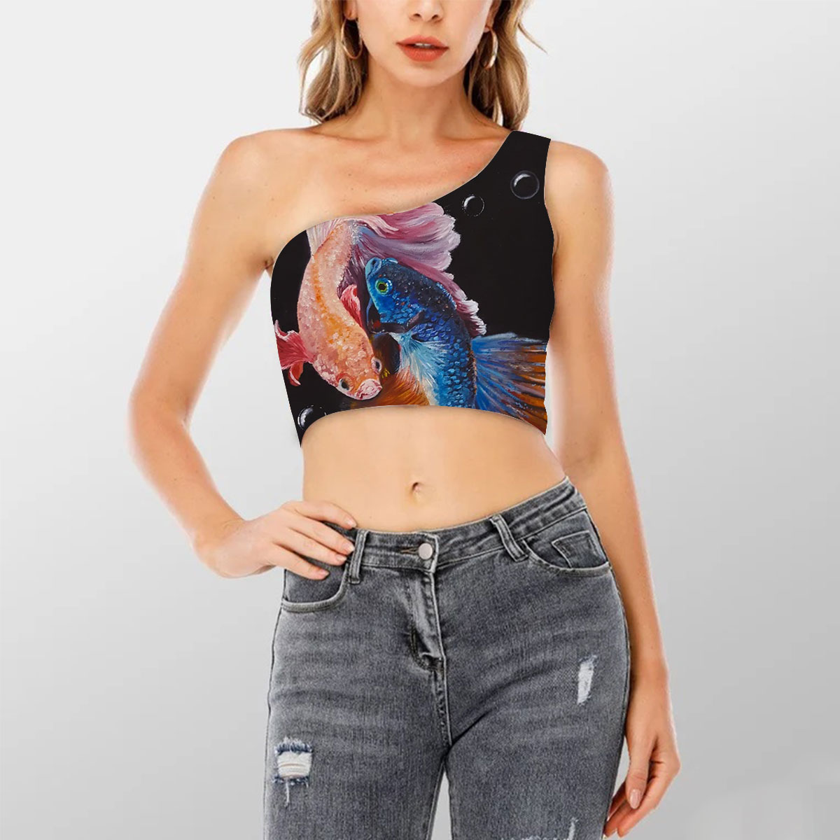 Colorful Couple Betta Fish Shoulder Cropped Top