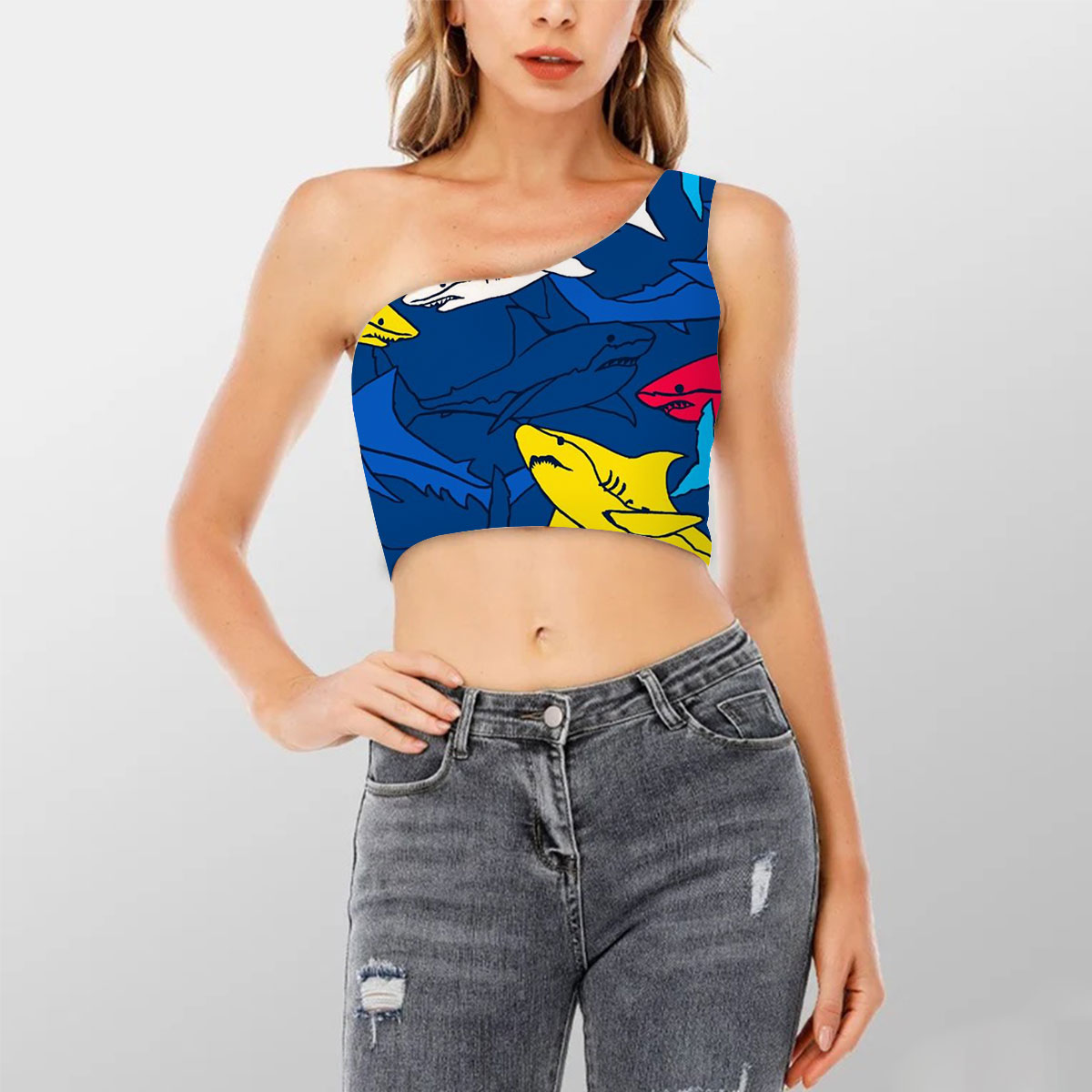 Colorful Great White Shark Shoulder Cropped Top