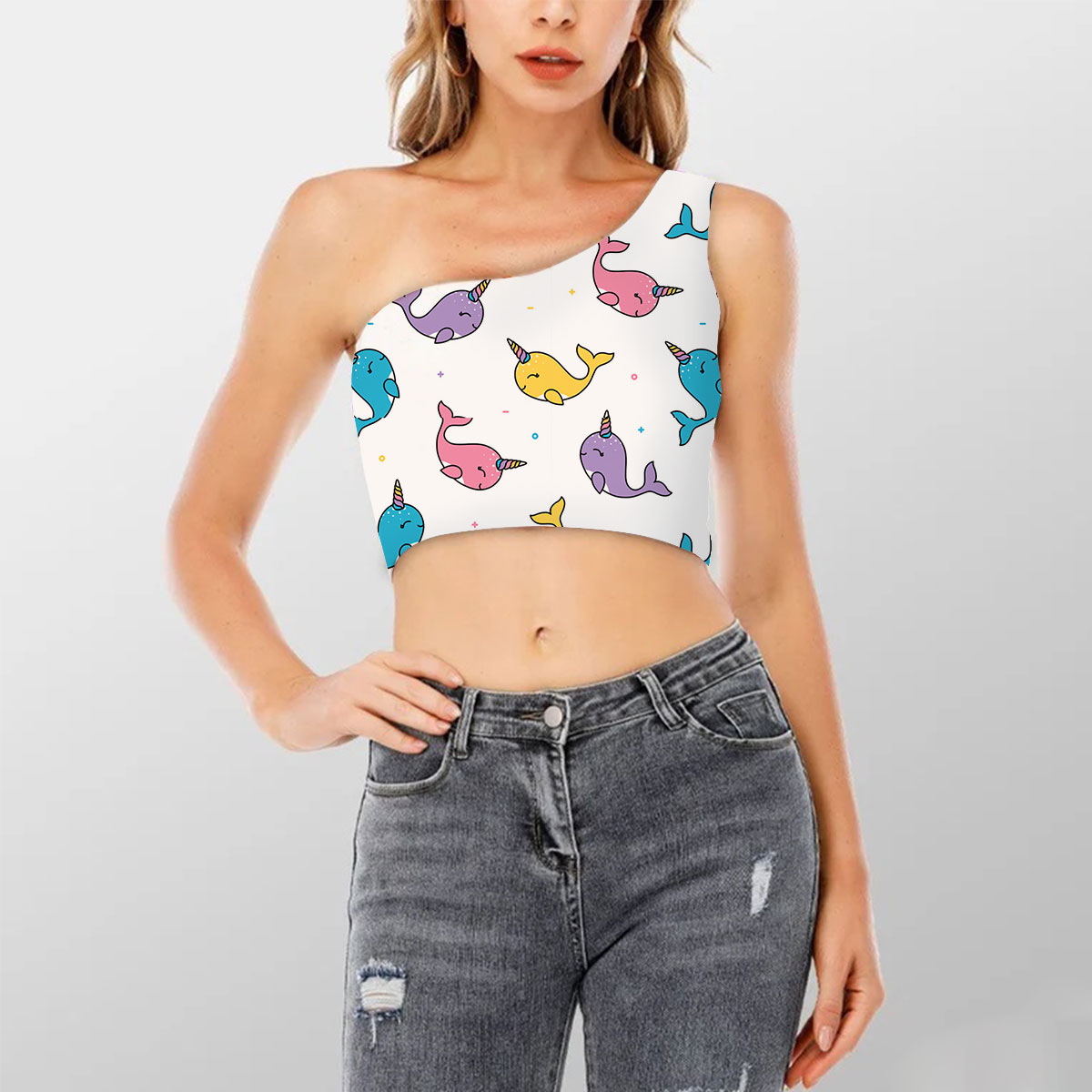 Colorful Happy Narwhal Shoulder Cropped Top