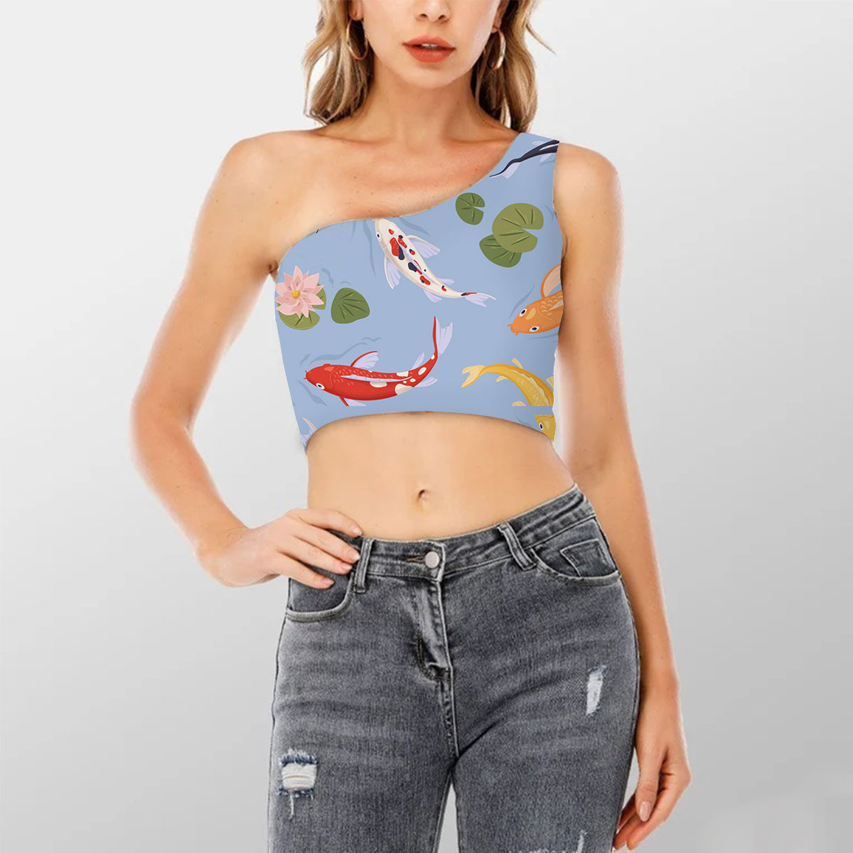 Colorful Koi Fish Shoulder Cropped Top
