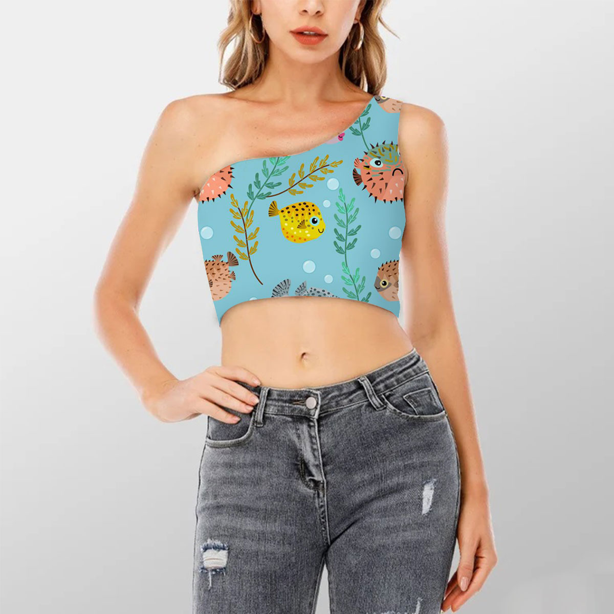 Cute Colorful Puffer Fish Shoulder Cropped Top