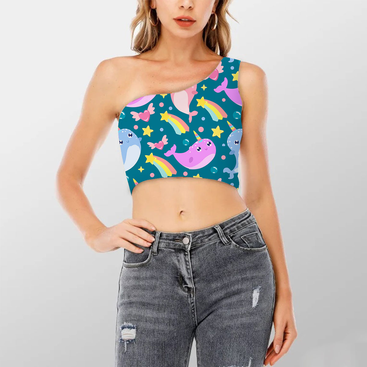 Cute Rainbow Narwhall Shoulder Cropped Top