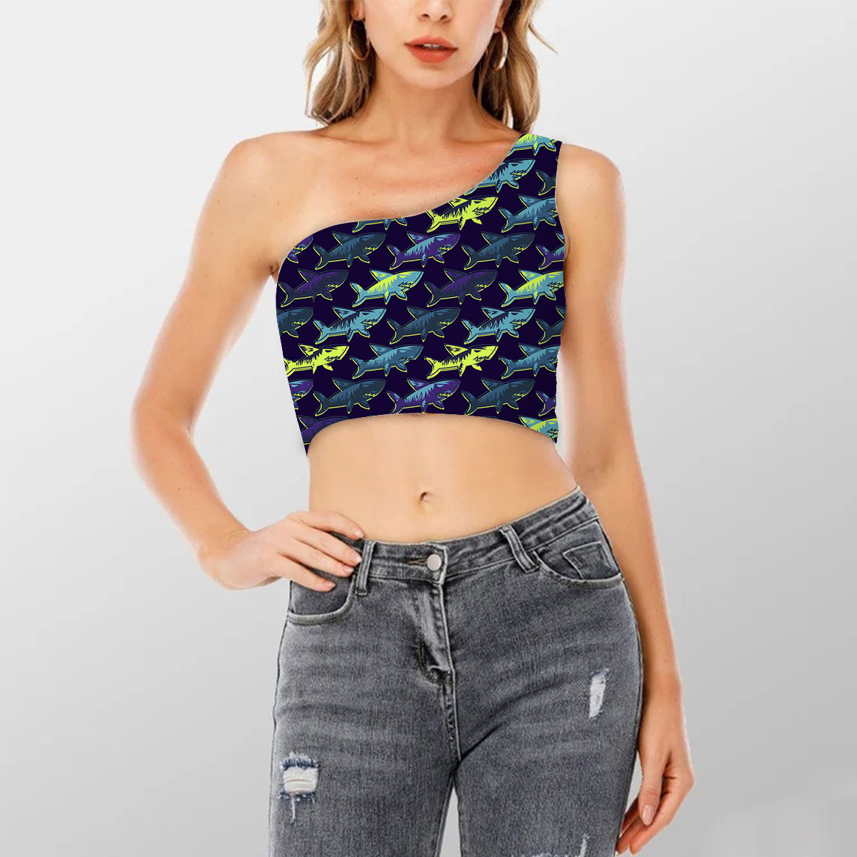 Cyber Great White Shark Shoulder Cropped Top
