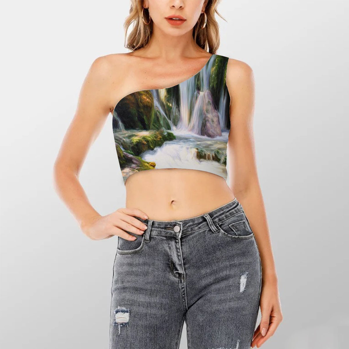 Deep Forest Waterfall Shoulder Cropped Top
