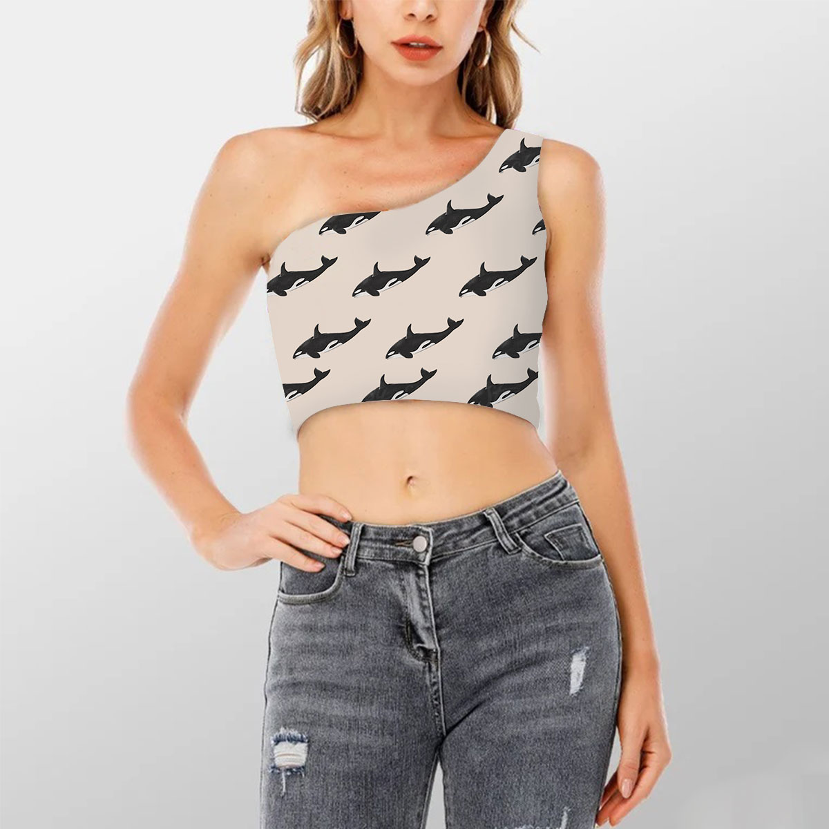 Diving Orca On Grey Shoulder Cropped Top
