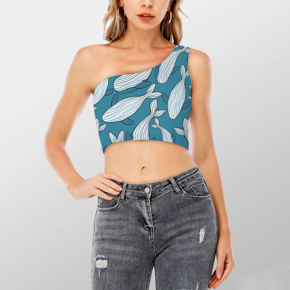Family Blue Whale Shoulder Cropped Top