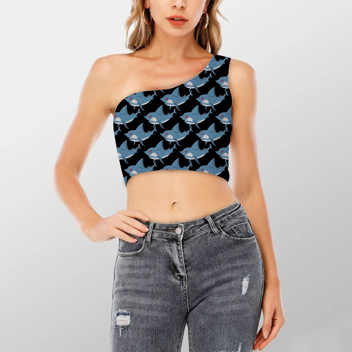 Ferocious Great White Shark Shoulder Cropped Top