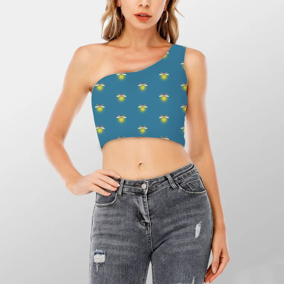 Fireflies On Blue Shoulder Cropped Top