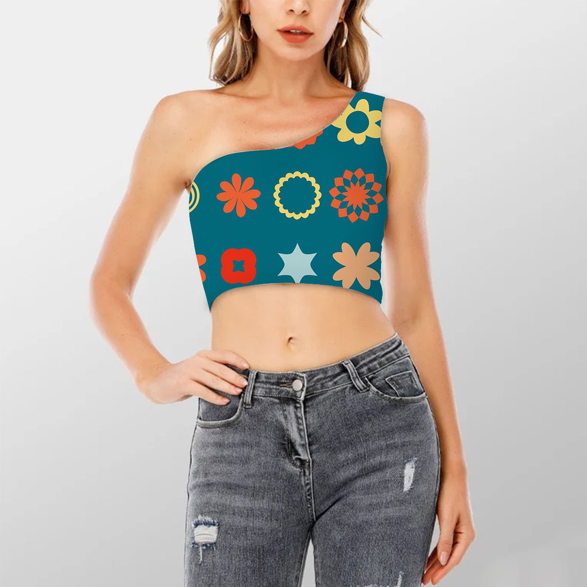 Floral Abstract Mid Century Modern Shoulder Cropped Top