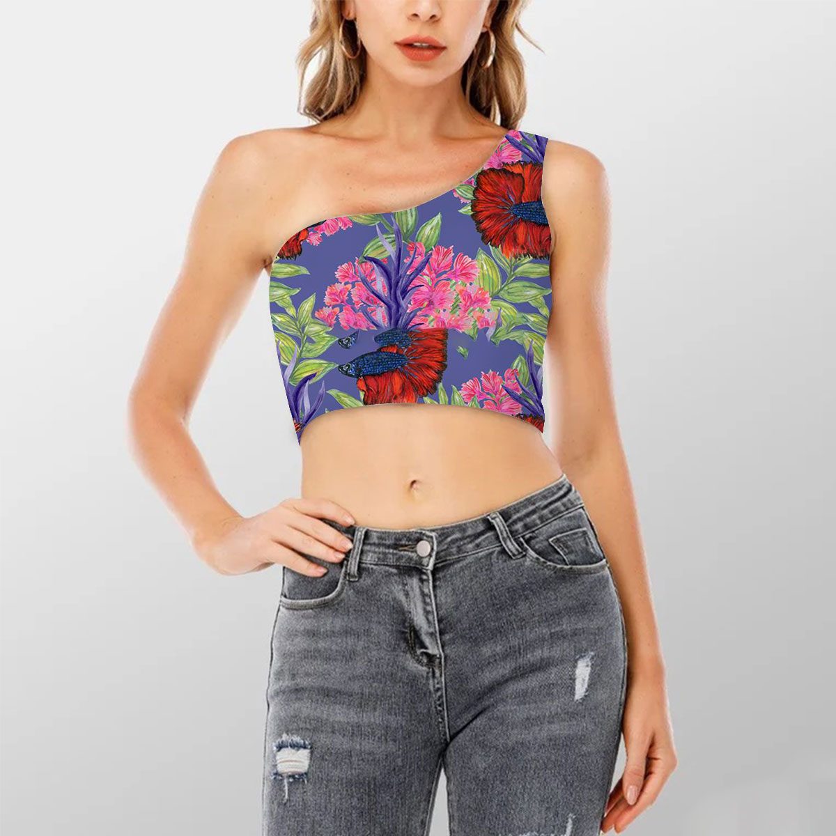 Floral Betta Fish Shoulder Cropped Top