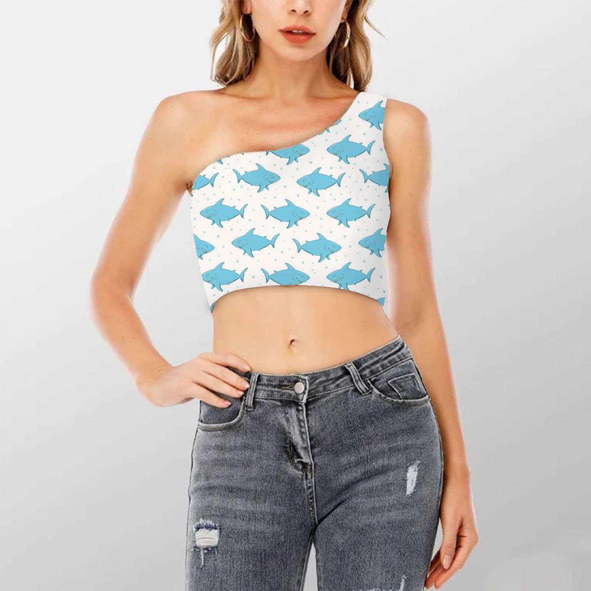Funny Cartoon Great White Shark Shoulder Cropped Top