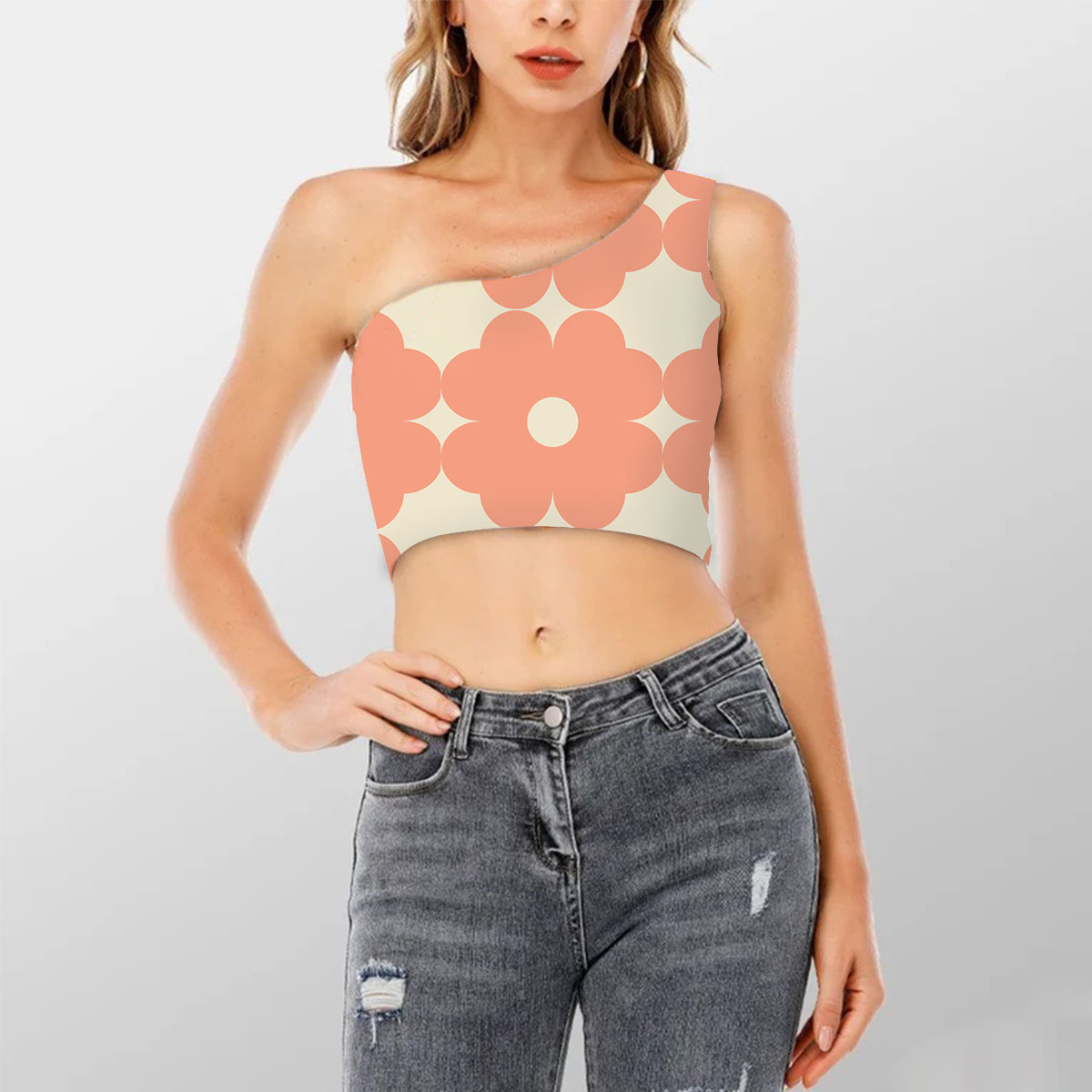 Geometric Mid Century Modern Style Shoulder Cropped Top