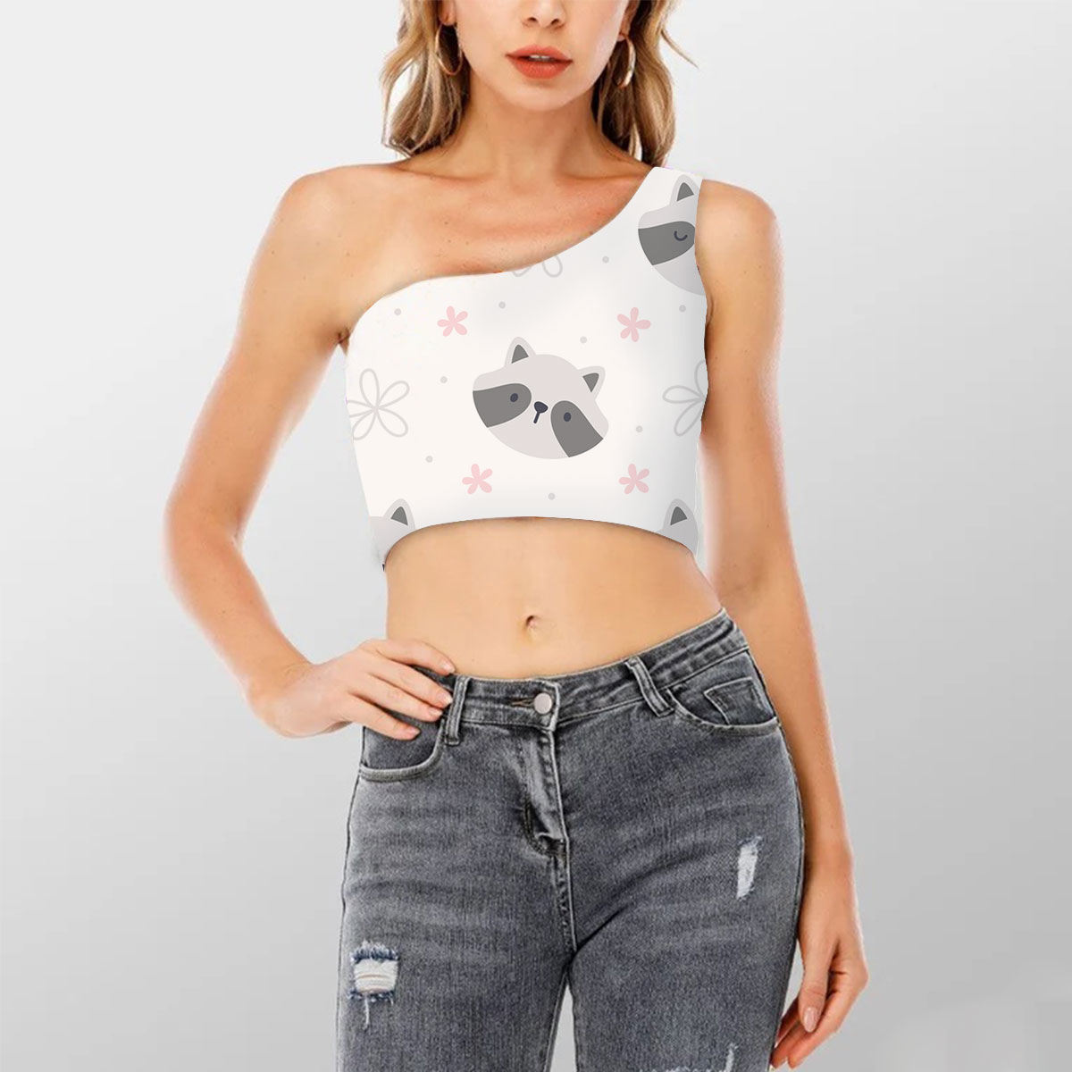 Gray Raccoon Face Shoulder Cropped Top