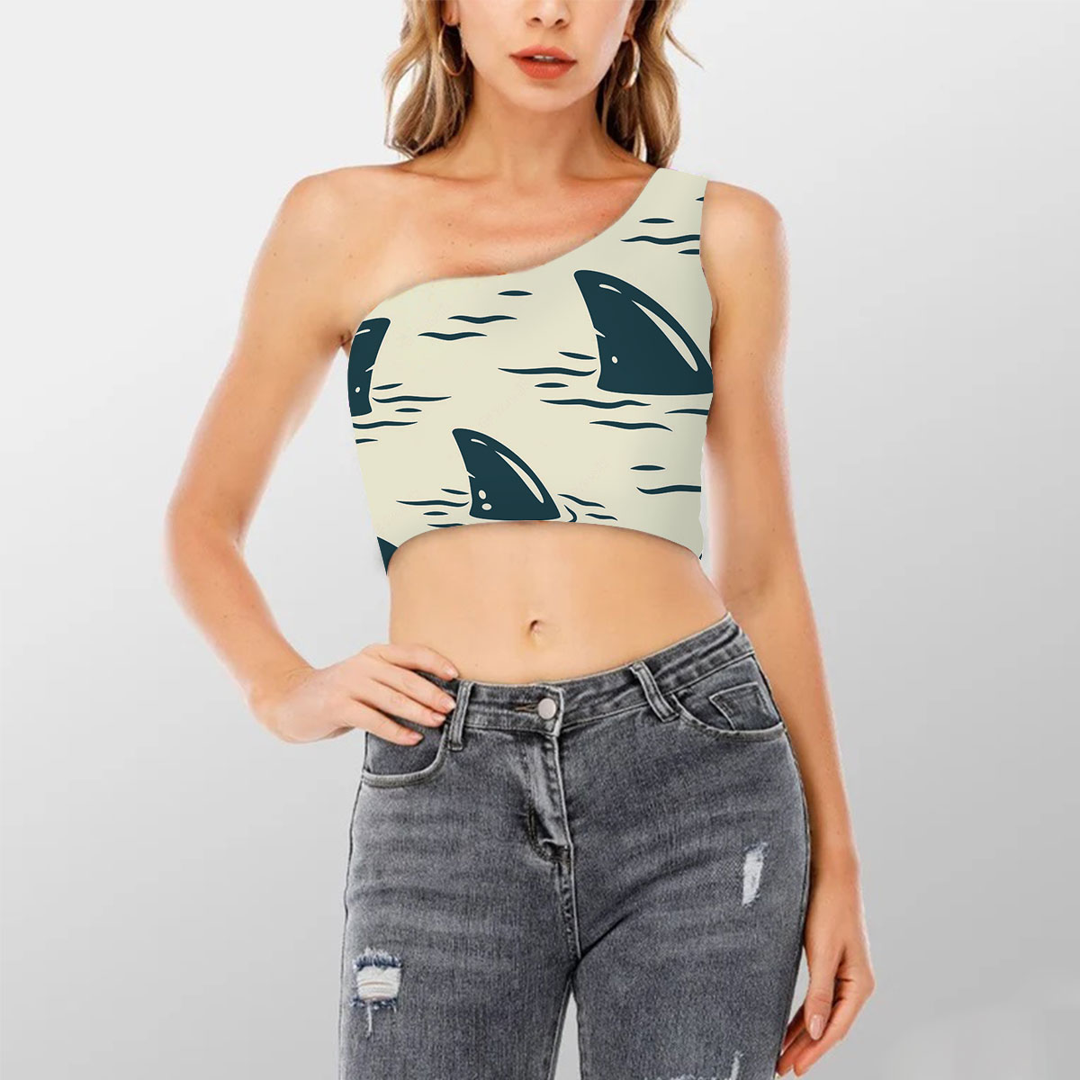 Great White Shark Fin Shoulder Cropped Top