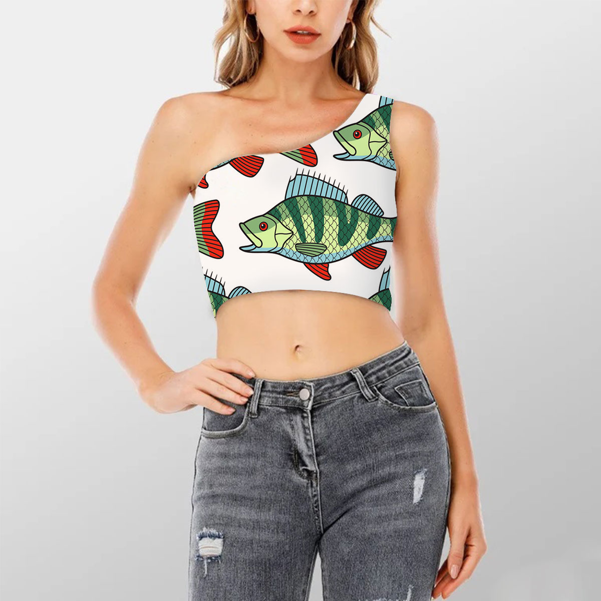 Green Bass Fish Shoulder Cropped Top