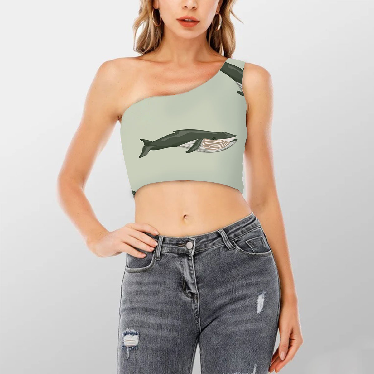 Green Blue Whale Shoulder Cropped Top