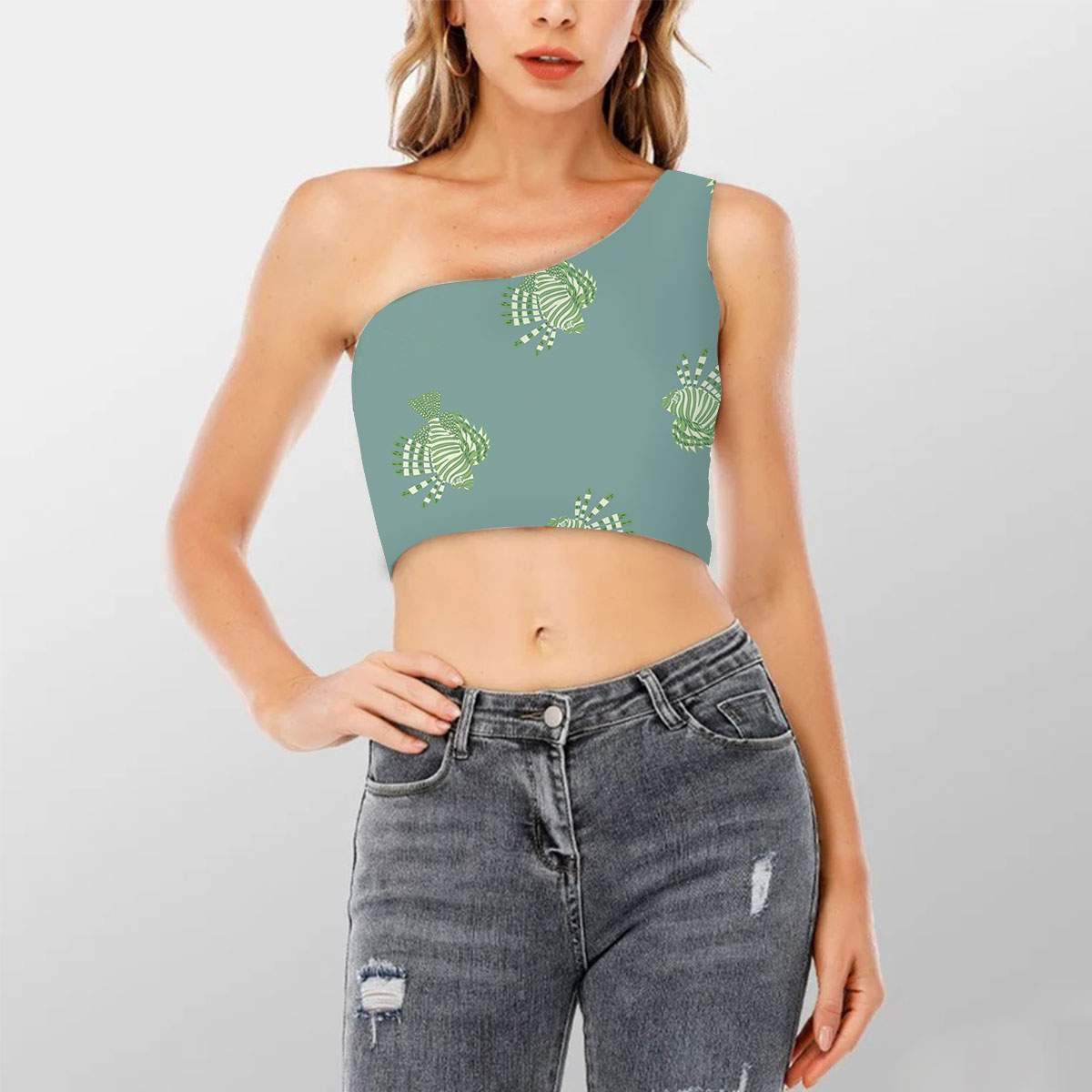 Green Lionfish On Green Shoulder Cropped Top