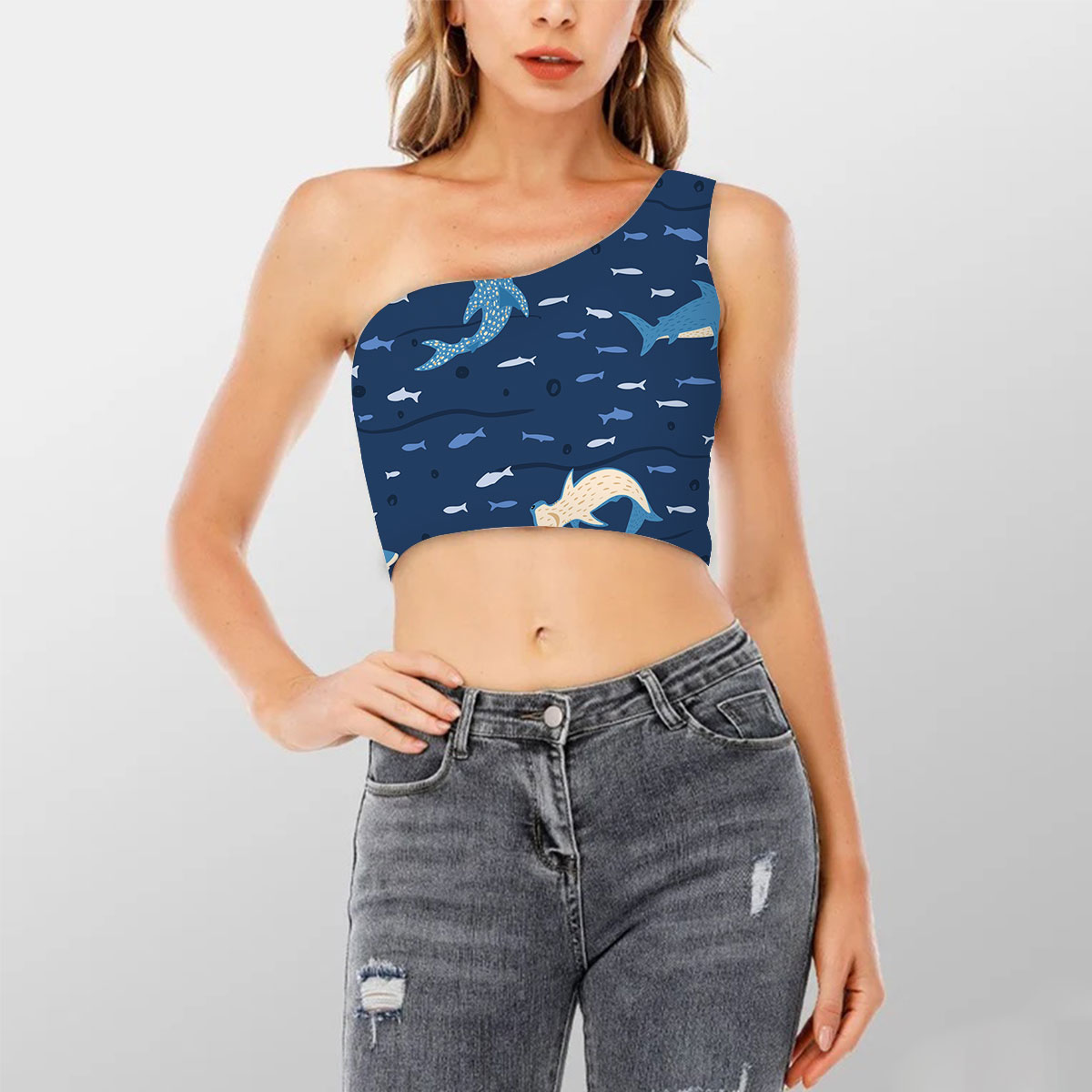 Hammerhead And Great White Shoulder Cropped Top