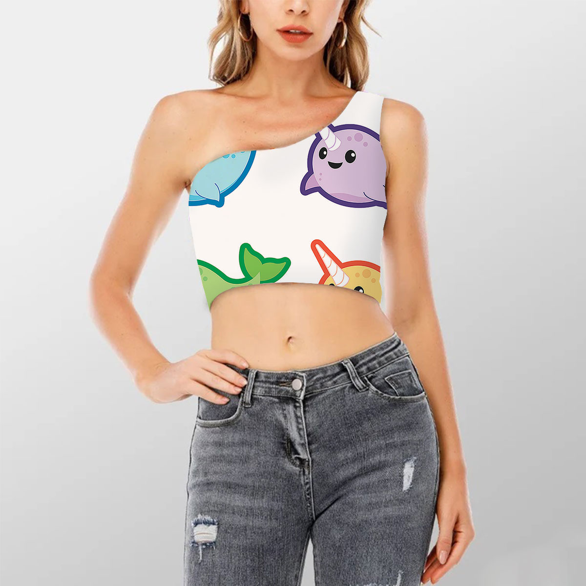 Happy Narwhal Shoulder Cropped Top