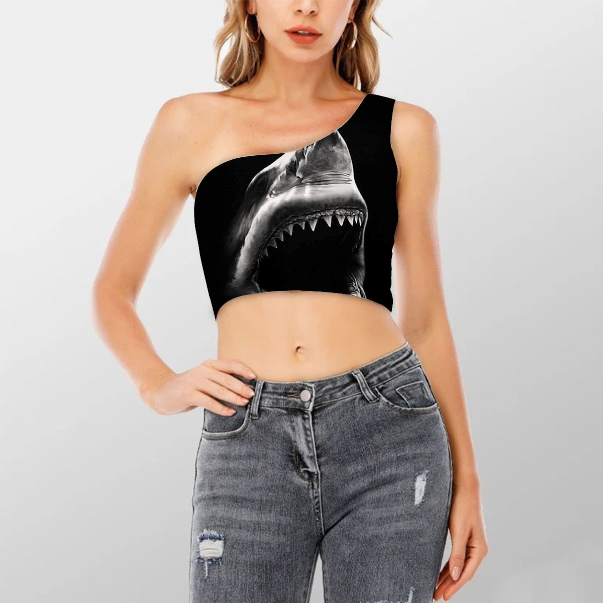 Jaw Great White Shark Shoulder Cropped Top