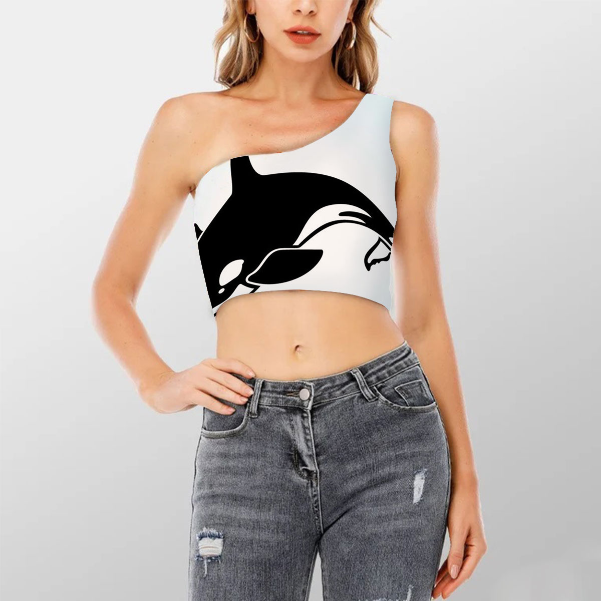 Jumping Orca Shoulder Cropped Top