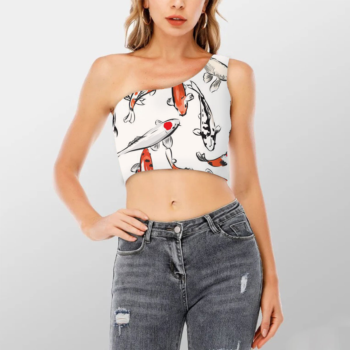Koi Fish On White Shoulder Cropped Top