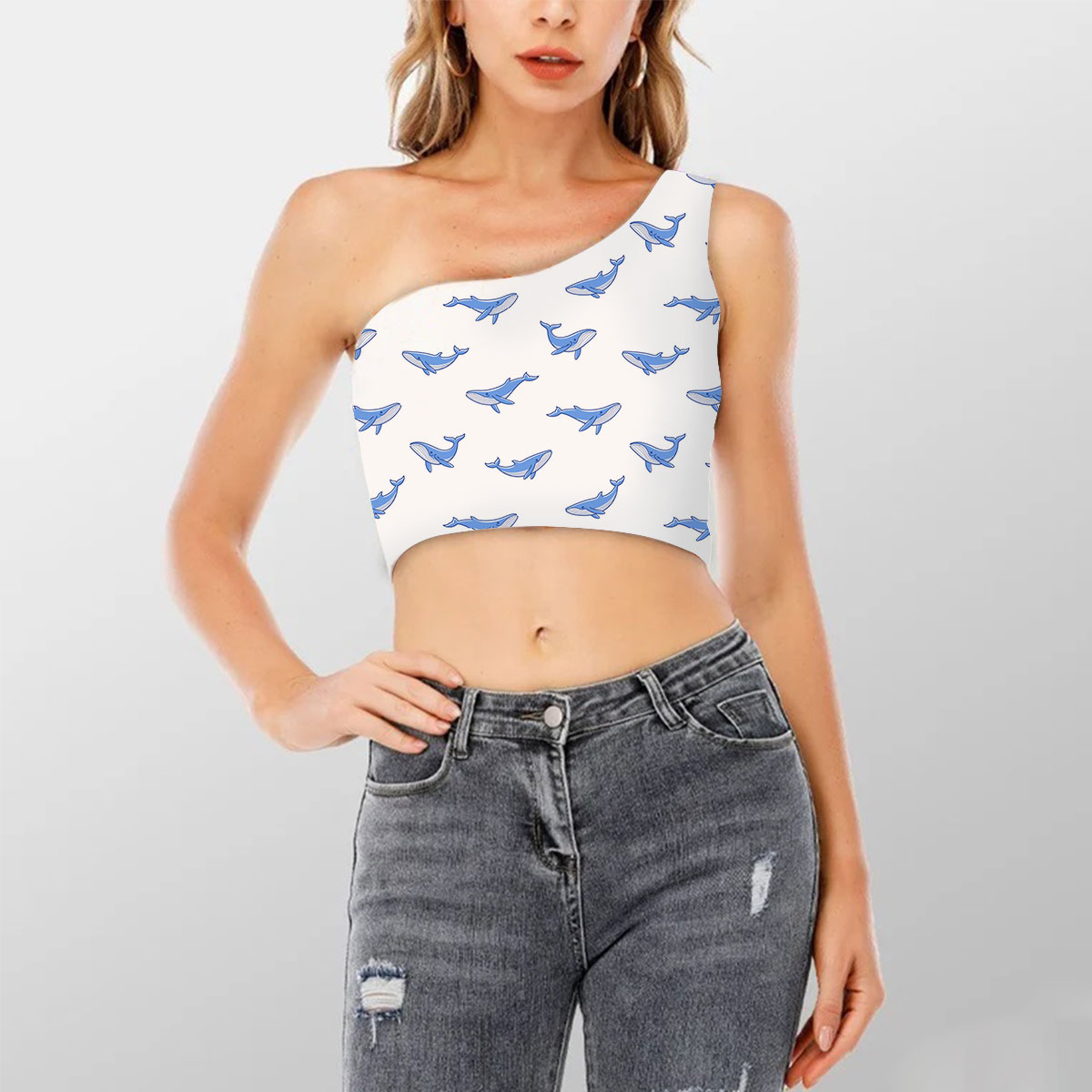 Lovely Blue Whale On White Shoulder Cropped Top