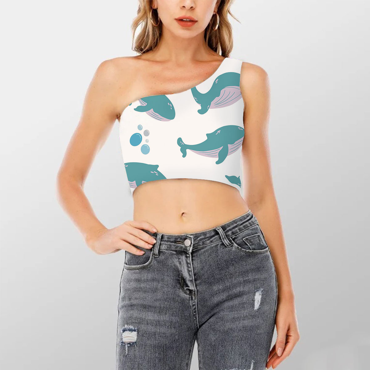 Lovely Blue Whale Shoulder Cropped Top