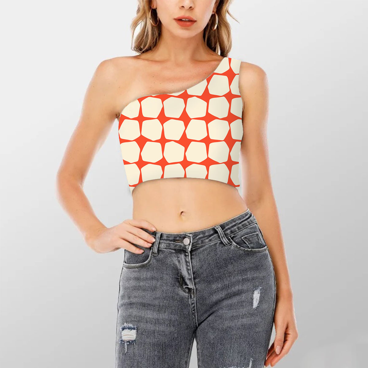Mid Century In Red And White Shoulder Cropped Top