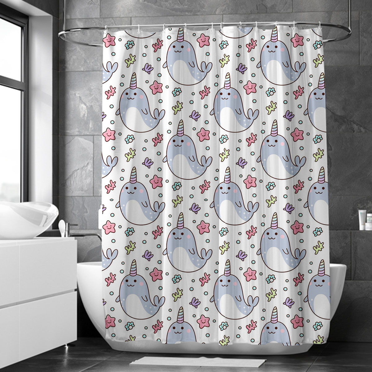 Cartoon Coral Narwhal Shower Curtain