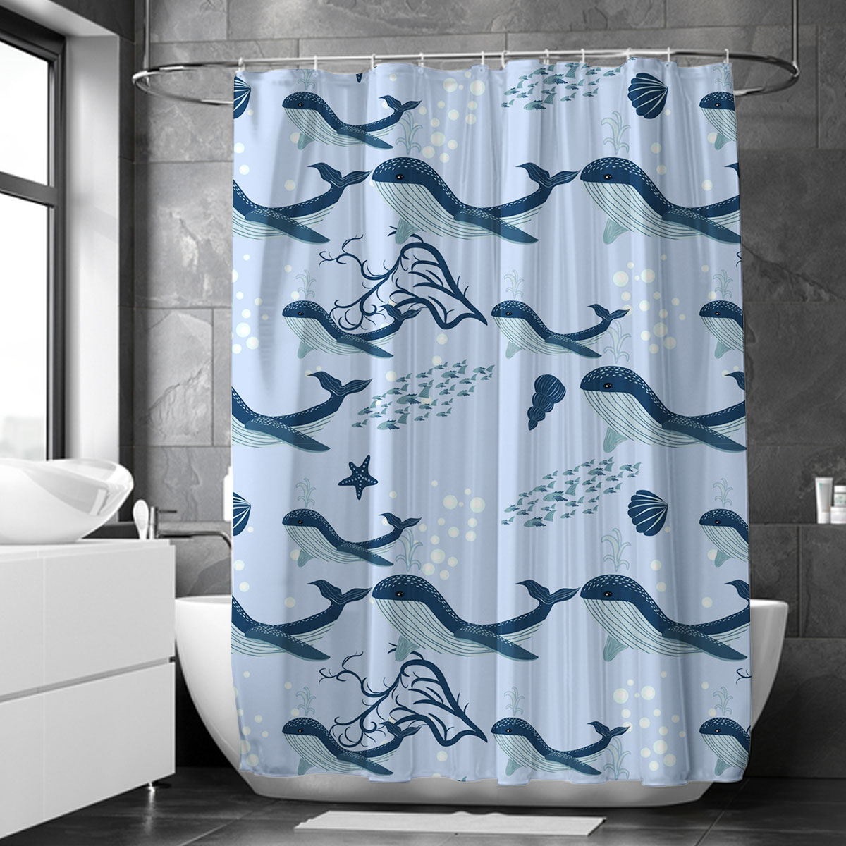Cartoon Cute Blue Whale Shower Curtain