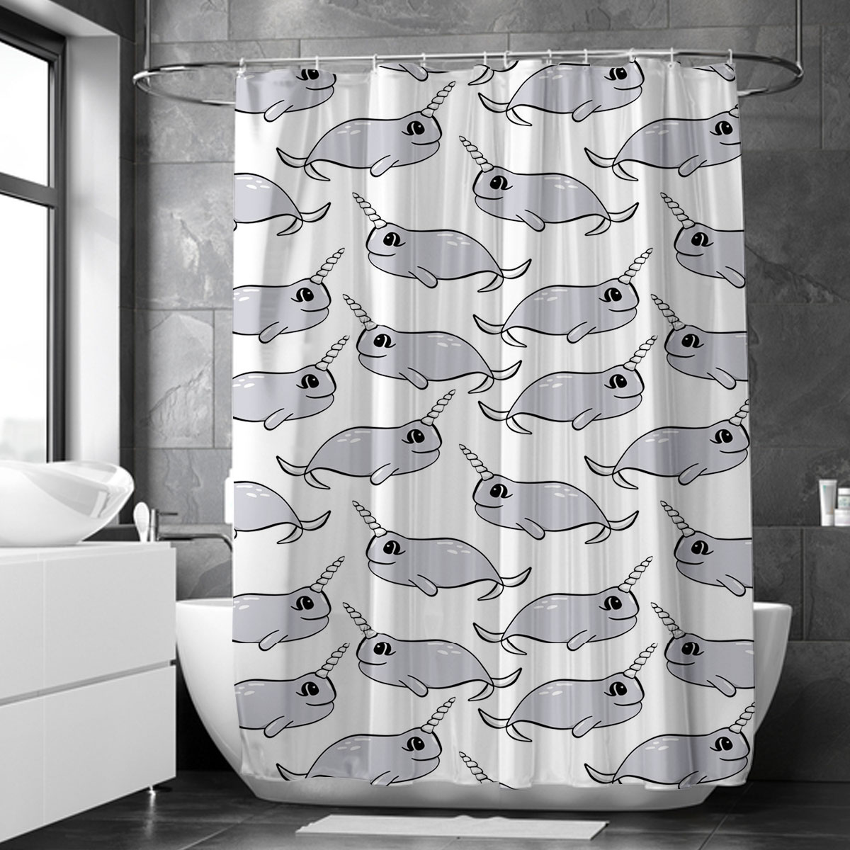 Cartoon Grey Narwhal Shower Curtain