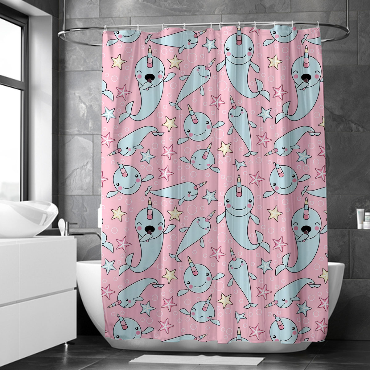 Cartoon Narwhal Pink Bubble Shower Curtain