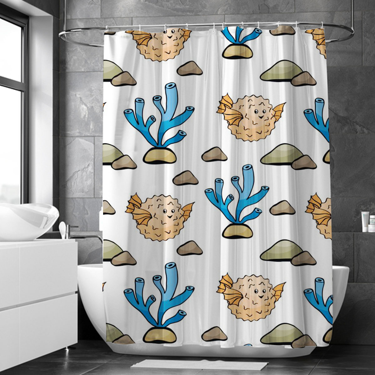 Cartoon Puffer Fish Monogram Shower Curtain