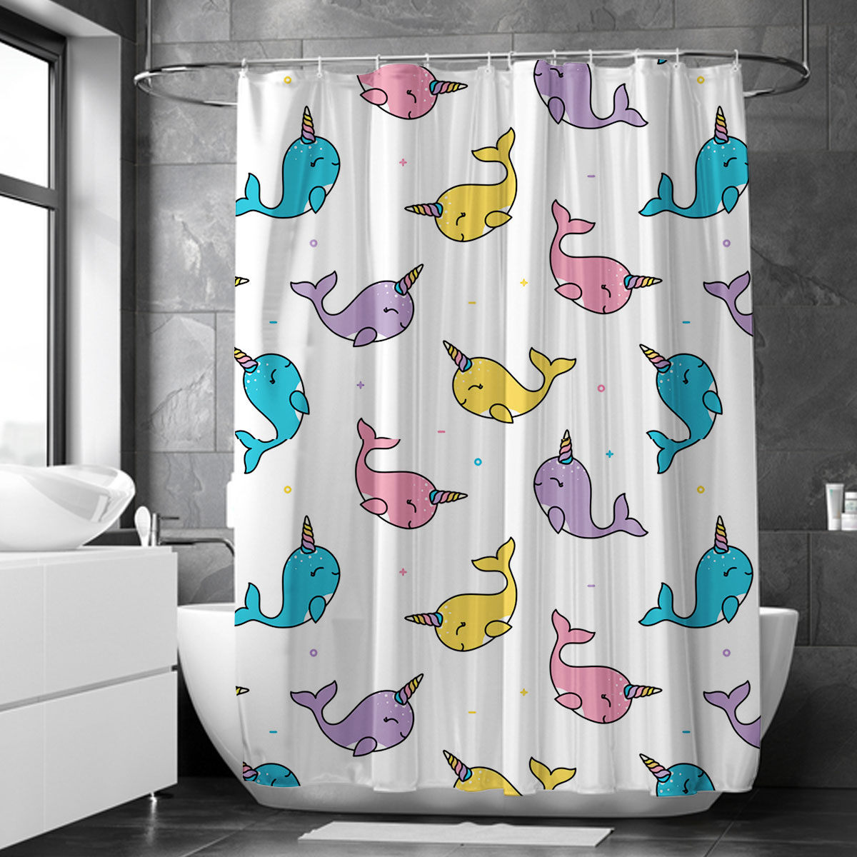 Colorful Happy Narwhal Shower Curtain