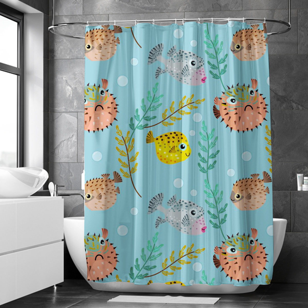Cute Colorful Puffer Fish Shower Curtain