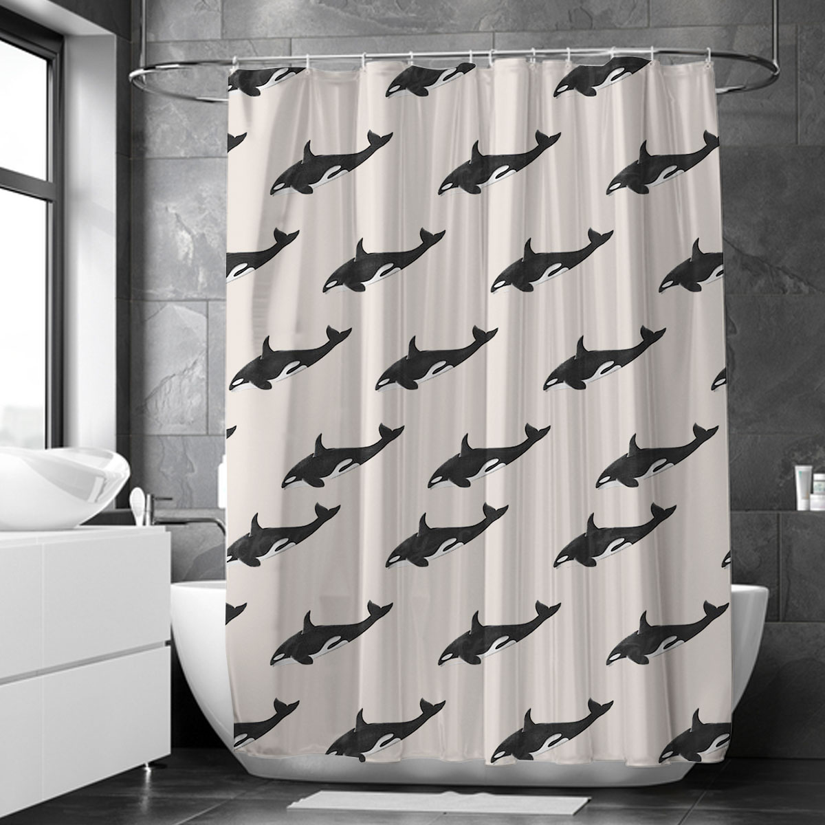 Diving Orca On Grey Shower Curtain