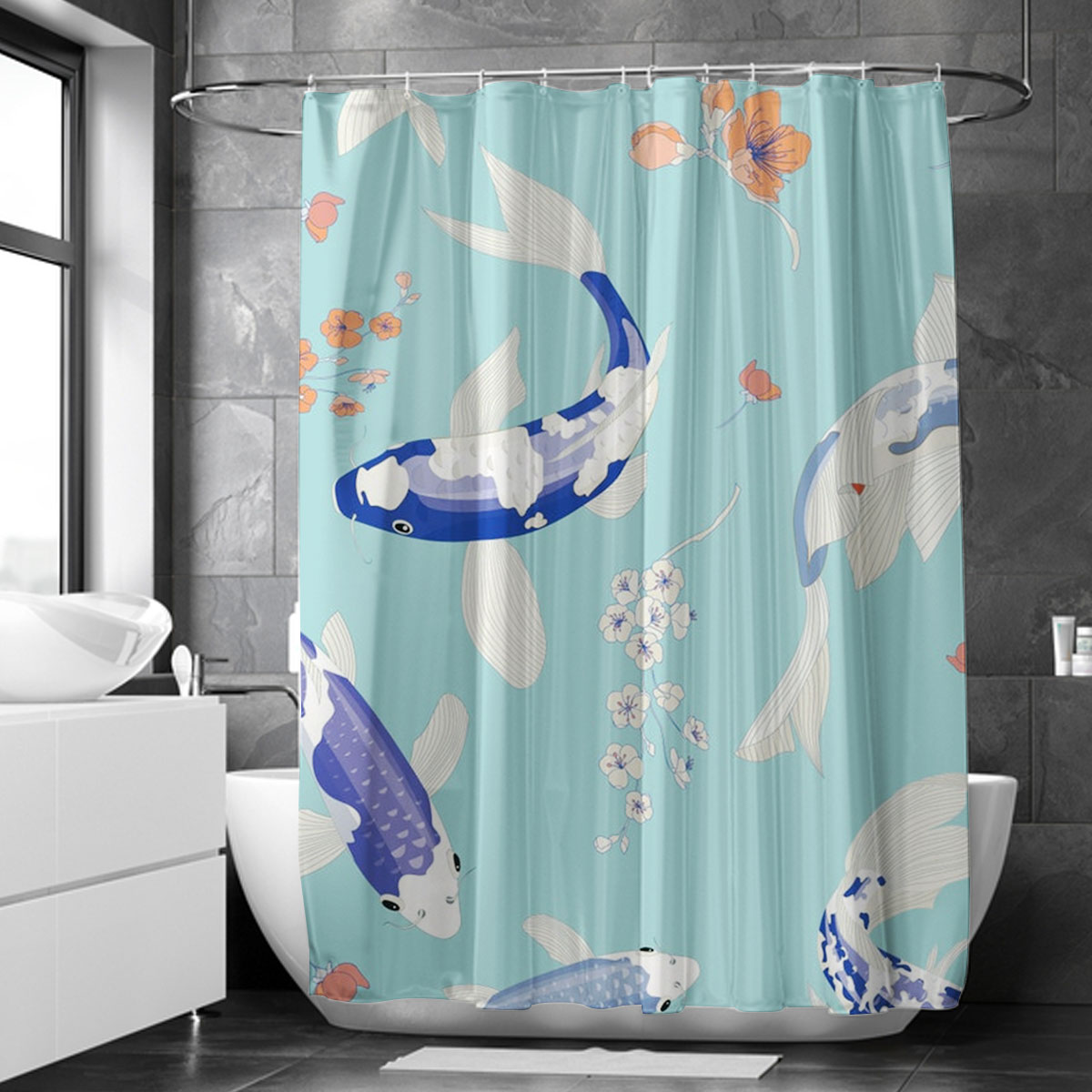 Floral Blue Koi Fish Shower Curtain