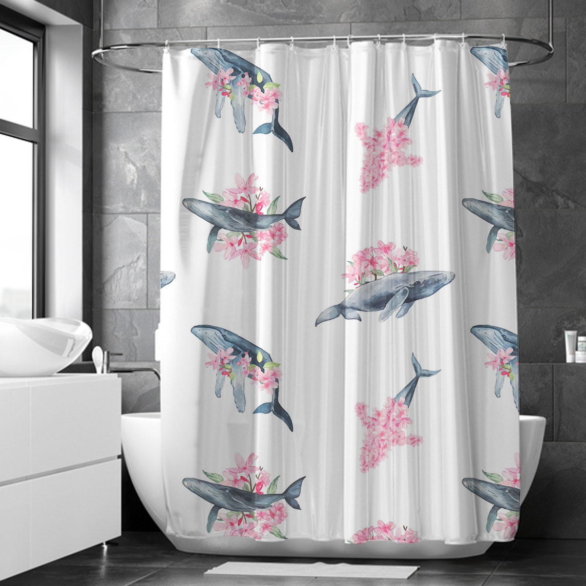 Floral Blue Whale Shower Curtain