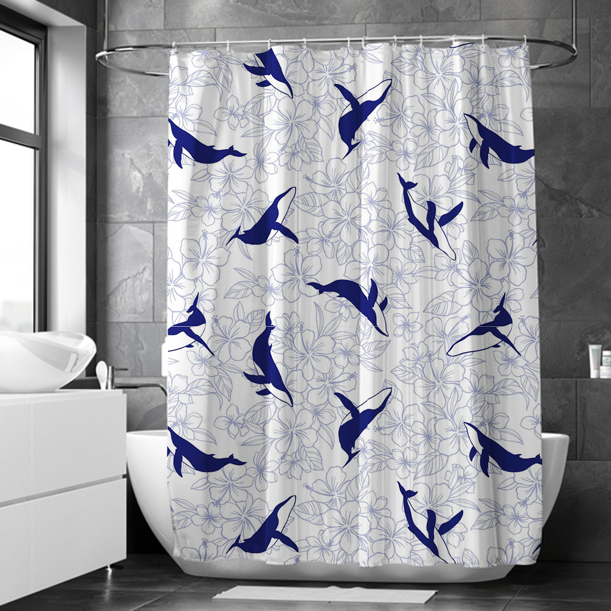 Flower Blue Whale Shower Curtain