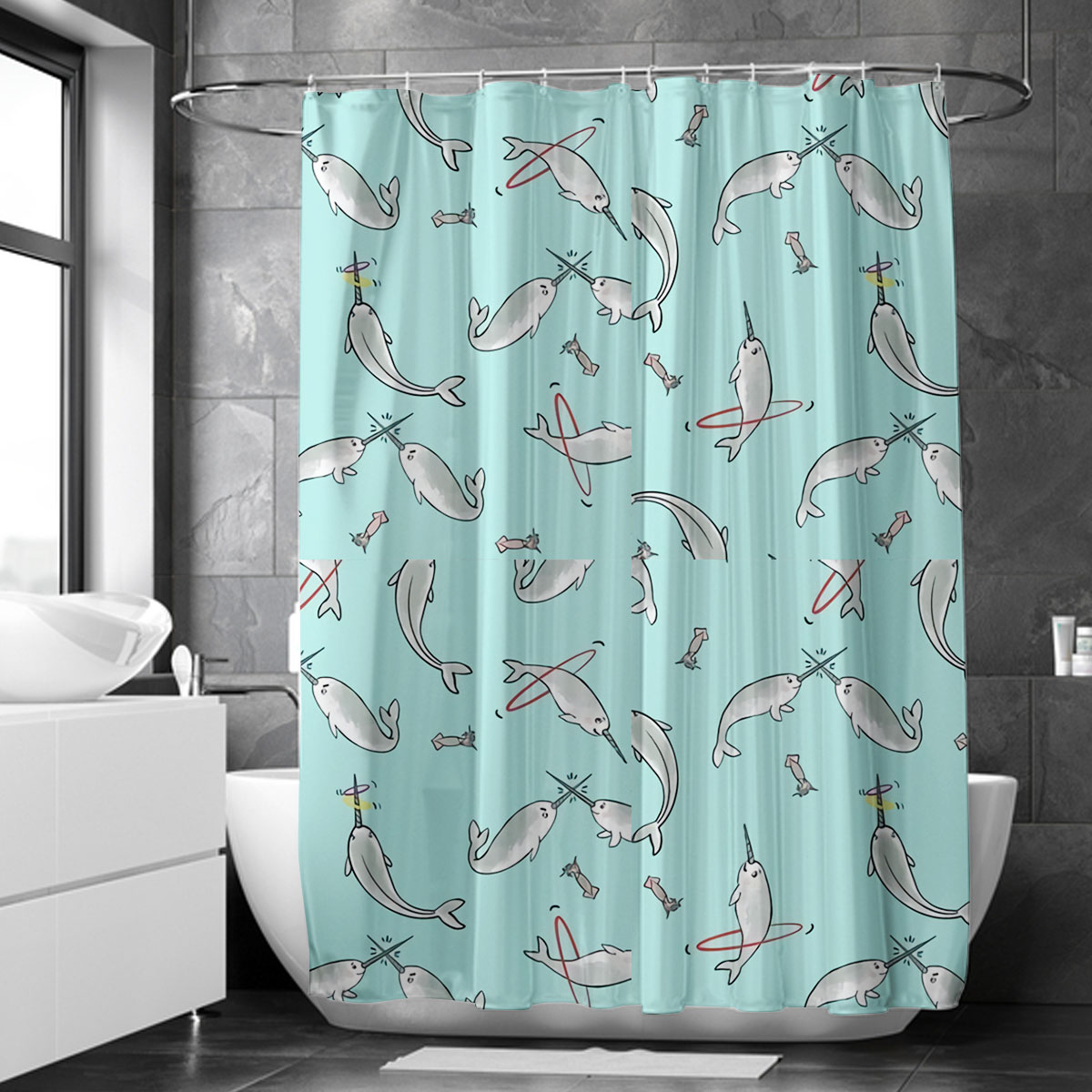 Grey Narwhal On Blue Shower Curtain