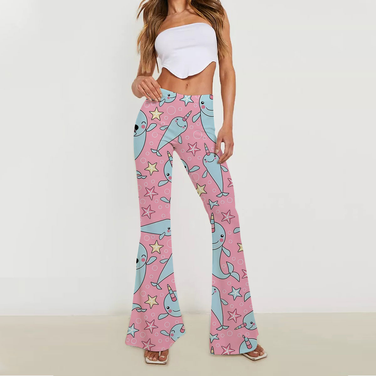 Cartoon Narwhal Pink Bubble Skinny Flare Pants