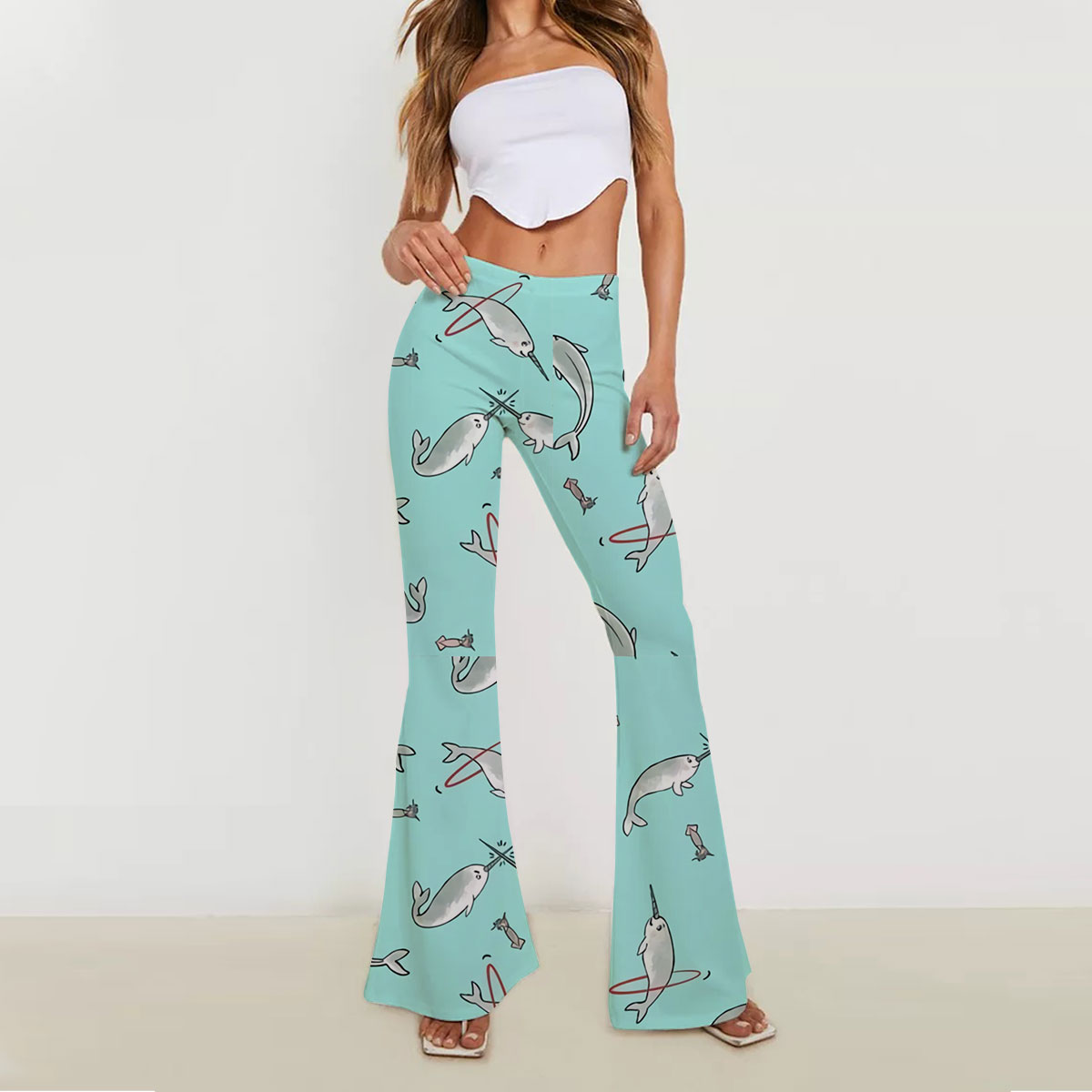 Grey Narwhal On Blue Skinny Flare Pants