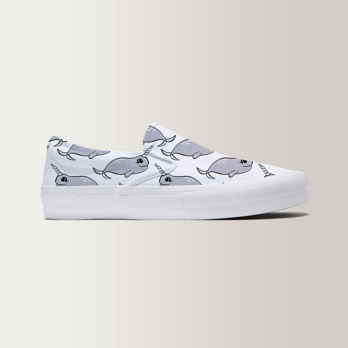 Cartoon Grey Narwhal Slip On Sneakers