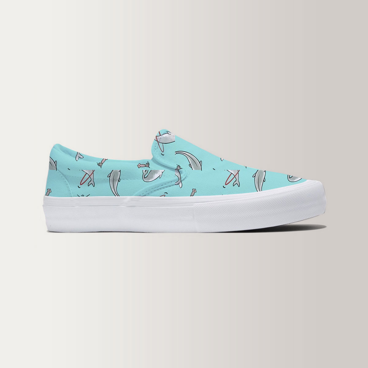 Grey Narwhal On Blue Slip On Sneakers