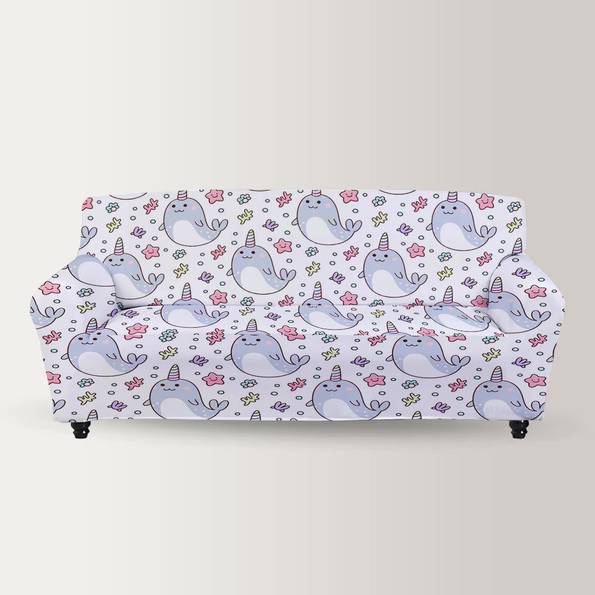 Cartoon Coral Narwhal Sofa Cover