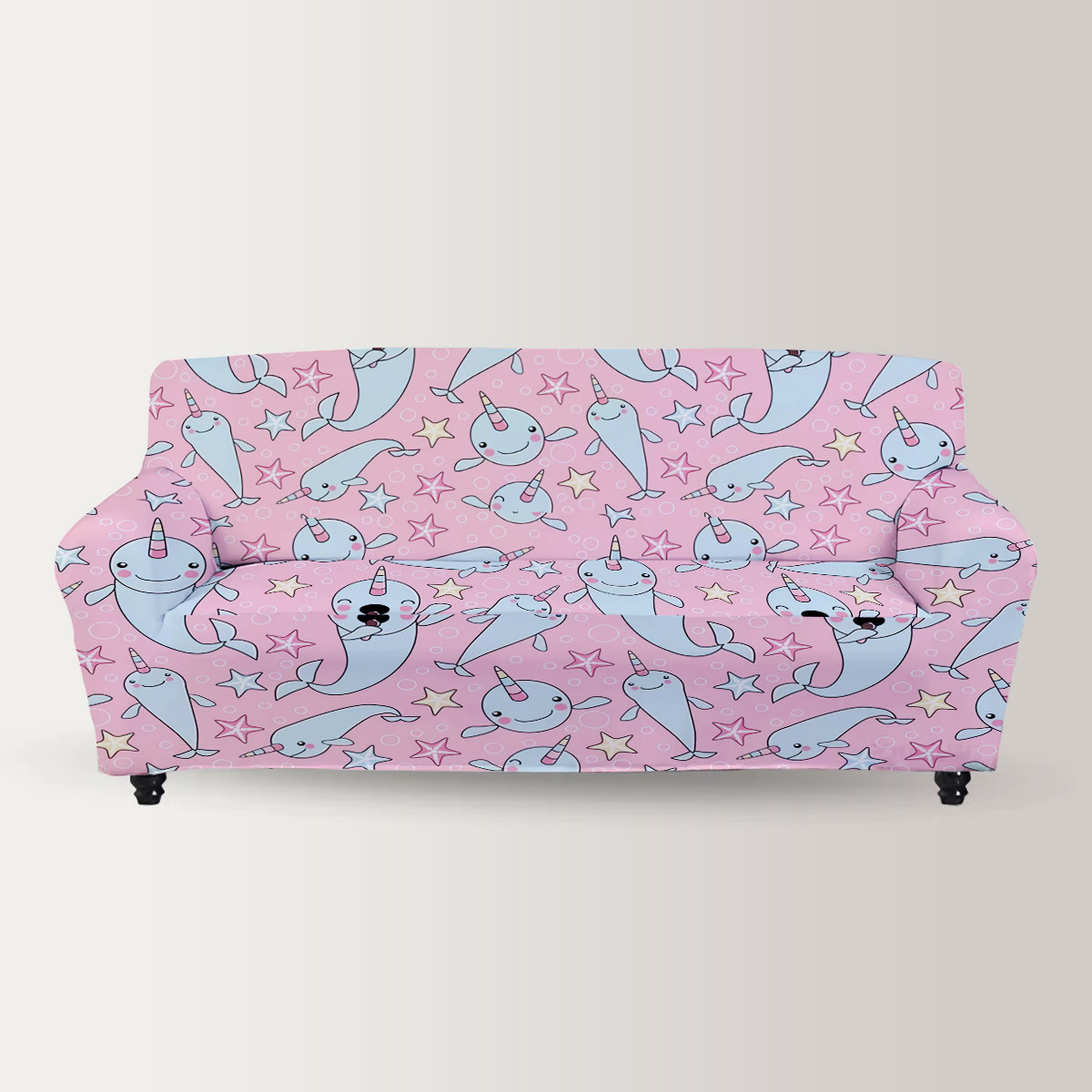 Cartoon Narwhal Pink Bubble Sofa Cover