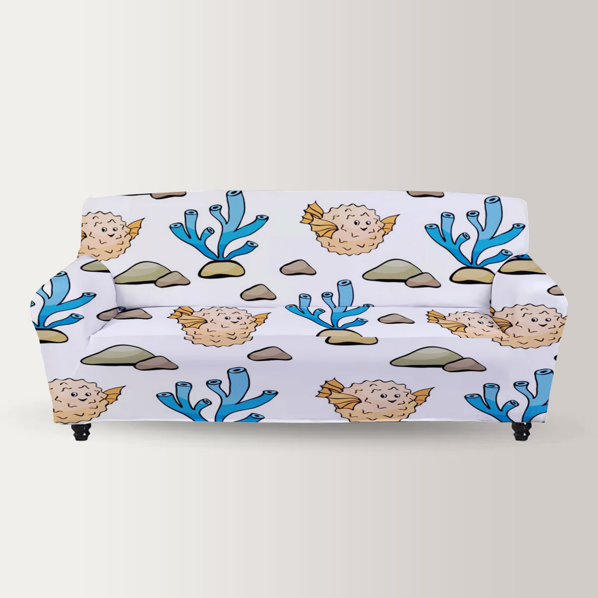 Cartoon Puffer Fish Monogram Sofa Cover