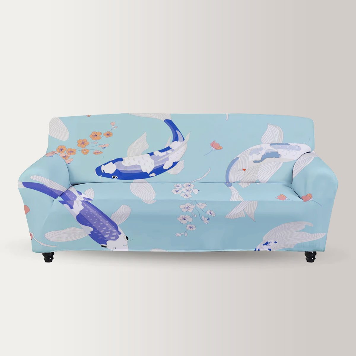 Floral Blue Koi Fish Sofa Cover