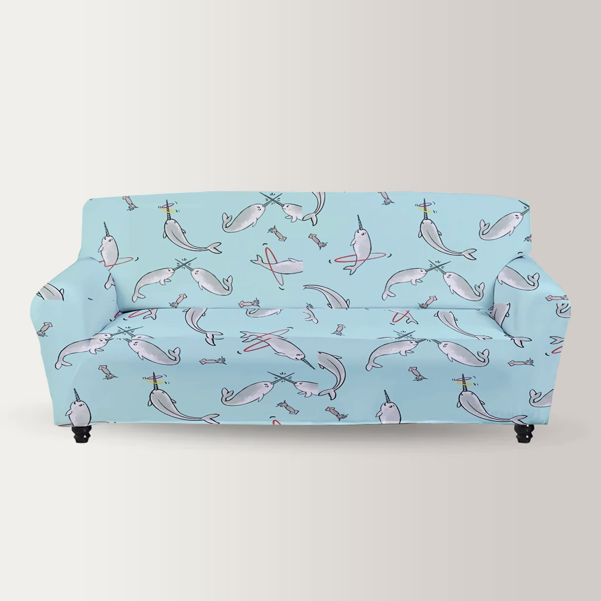 Grey Narwhal On Blue Sofa Cover
